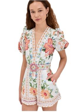 FARM Rio Bloom Garden Floral Tropical Puff Sleeve Ruffle Off-White Romper SZ L